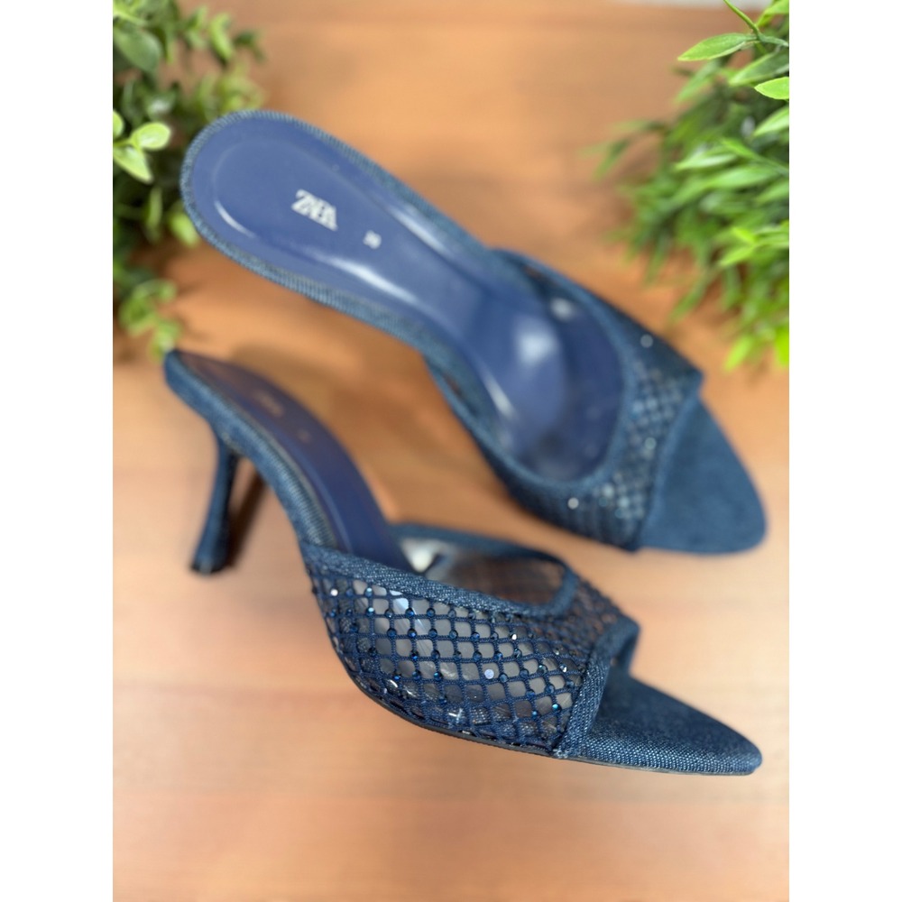 ZARA Women Rhinestone Mesh Denim Blue Mules High Heels Size 39 US 8.5